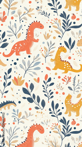 Cute hand-drawn dinosaurs with foliage pattern in bright colors, perfect for kids' illustrations