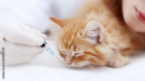 Veterinarian giving injection to a kitten. Close-up of a sleeping cat receiving a vaccine. Animal healthcare, veterinary treatment, and pet vaccination concept.