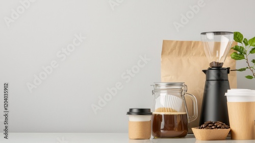 Modern Coffee Brewing Setup with Paper Cups and Beans