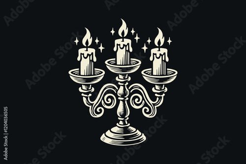 Elegant candelabra with lit candles in bold black-and-white engraving style