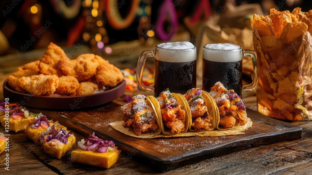 Tacos and fried snacks paired with frosty mugs of beer on a wooden table, surrounded by party decorations. Tacos and fried snacks paired with frosty mugs of beer on a wooden table, surrounded by party decorations.