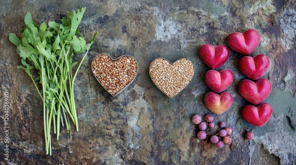Obraz premium Top view of heart-shaped healthy foods, including whole grains, fresh greens, and vibrant fruits on a rustic table.