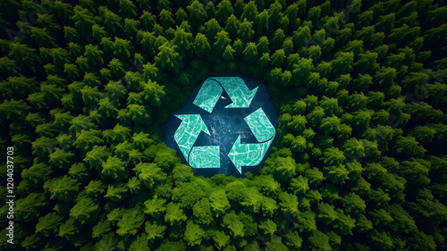 This image portrays a thriving forest with a sparkling, water-formed recycle icon nestled in its heart. The vibrant green canopy represents the Earth's rich biodiversity, while the recycle symbol, cra photo