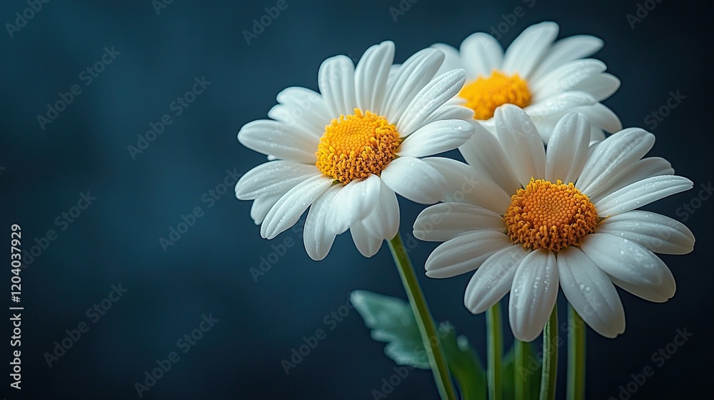 Three fresh daisies with vibrant yellow centers against a soft blue background, symbolizing beauty Three fresh daisies with vibrant yellow centers against a soft blue background, symbolizing beauty