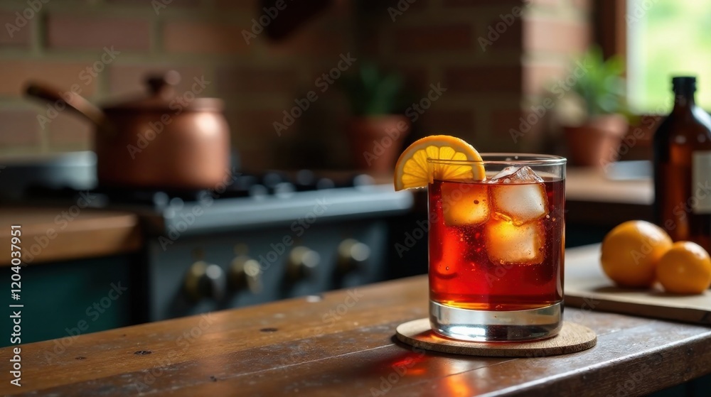 A Refreshing Iced Beverage with Citrus Garnish on Rustic Kitchen Counter A Refreshing Iced Beverage with Citrus Garnish on Rustic Kitchen Counter
