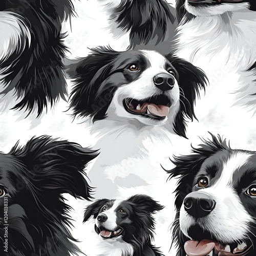 Seamless border collie dog pattern featuring playful dogs, perfect for textile or wallpaper designs