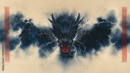 A fearsome black dragon emerges from stormy clouds