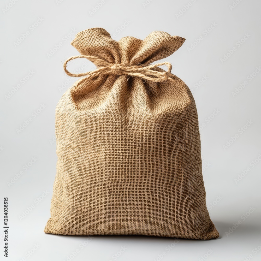 A burlap sack tied with twine against a white background. A burlap sack tied with twine against a white background.