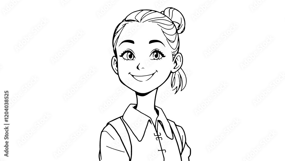 Minimalistic Black and White Line Art of a School Girl PNG Minimalistic Black and White Line Art of a School Girl PNG