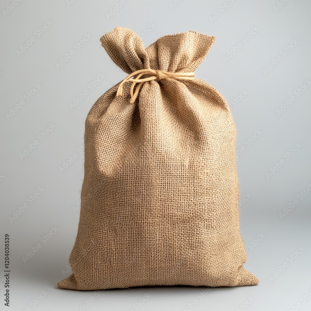 A full burlap sack tied with twine against a light gray background. A full burlap sack tied with twine against a light gray background.