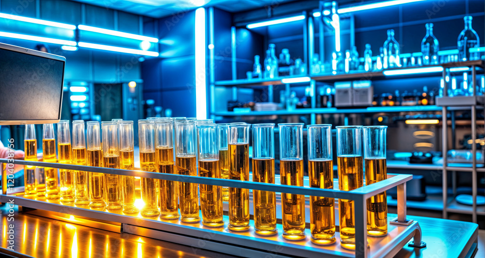 Fototapeta premium A laboratory features illuminated test tubes filled with vibrant liquid solutions