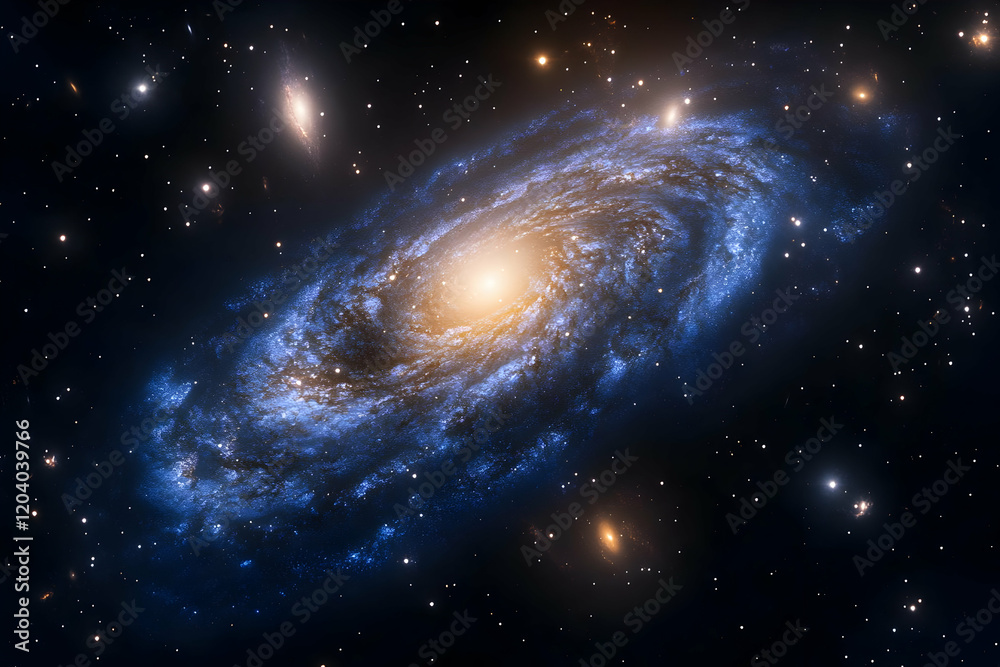Fototapeta premium A mesmerizing spiral galaxy in the vast expanse of the cosmos, glowing with blue and yellow hues, surrounded by countless stars. This celestial wonder