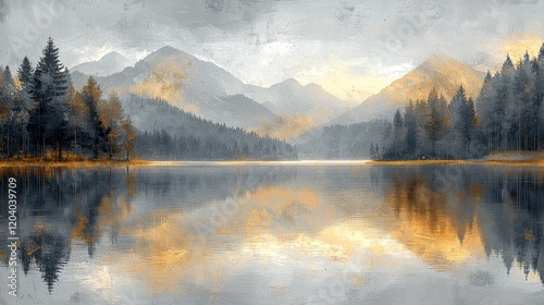 Serene lake reflection at sunrise mountain landscape nature photography tranquil environment wide angle peaceful concept