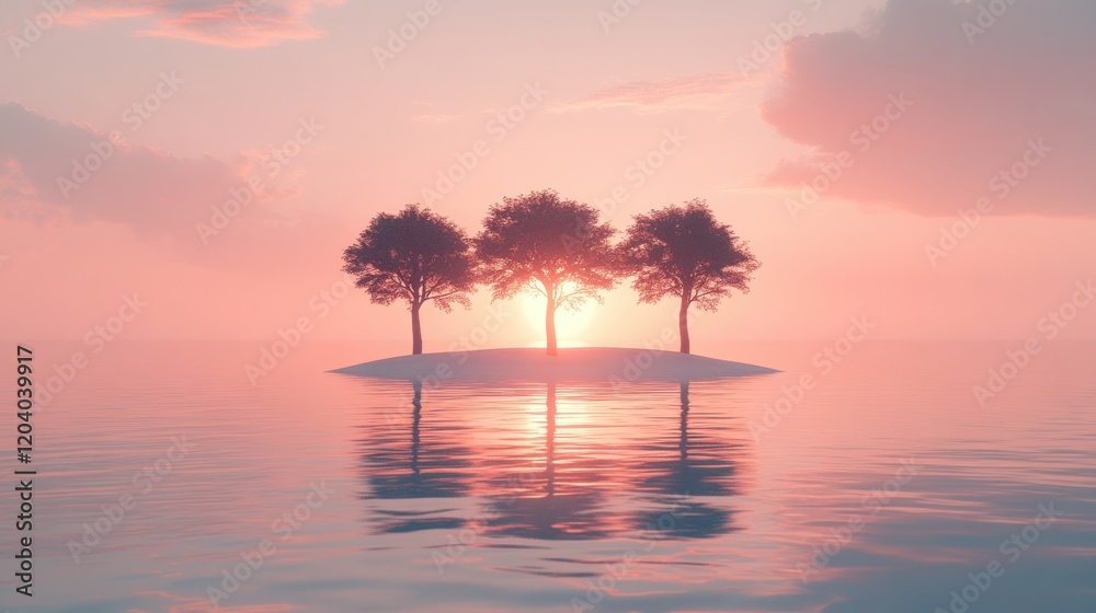 Serene Sunset Over Isolated Trees in Tranquil Water Landscape Serene Sunset Over Isolated Trees in Tranquil Water Landscape