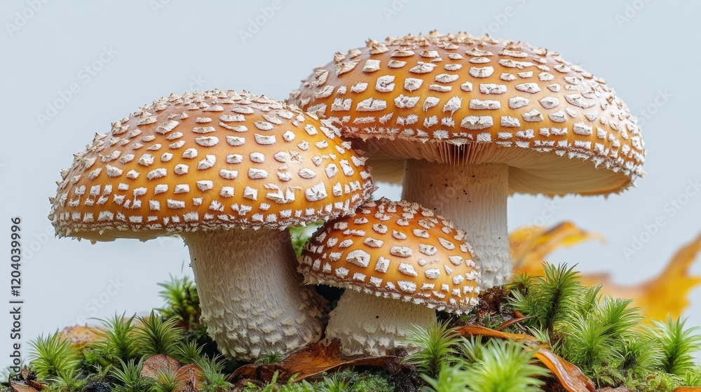 Three vibrant mushrooms with distinct caps growing on a mossy surface in a serene natural setting Three vibrant mushrooms with distinct caps growing on a mossy surface in a serene natural setting