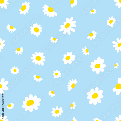 Cute seamless pattern flat chamomile flowers on blue background. Vector illustration