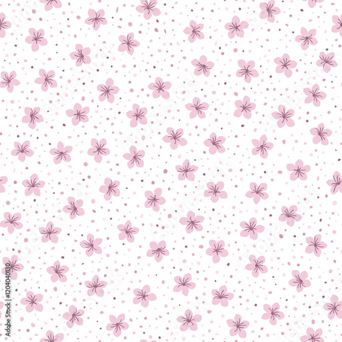 Cute preppy pink simpe flowers with dots of ditsy vintage style. Vector seamless pattern for fashion fabric textile