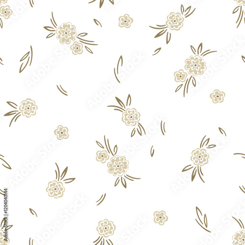 Beige small cute flowers seamless pattern on green white background of naive romantic pretty vibe. Vector illustration
