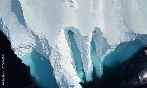Stunning aerial view of melting iceberg revealing blue water channels in the ocean