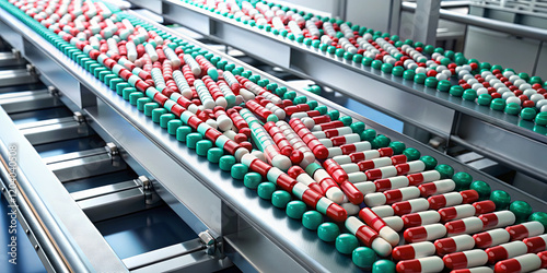 Brightly colored capsules are aligned on a conveyor belt within a pharmaceutical factory. The setting highlights the precision and efficiency of medication production