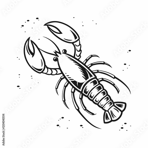 A bold, graphic black and white illustration of a lobster, reminiscent of a tattoo or vintage poster design. photo