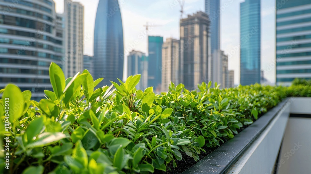 Fototapeta premium Vibrant Green Rooftop Garden Amidst Modern Cityscape