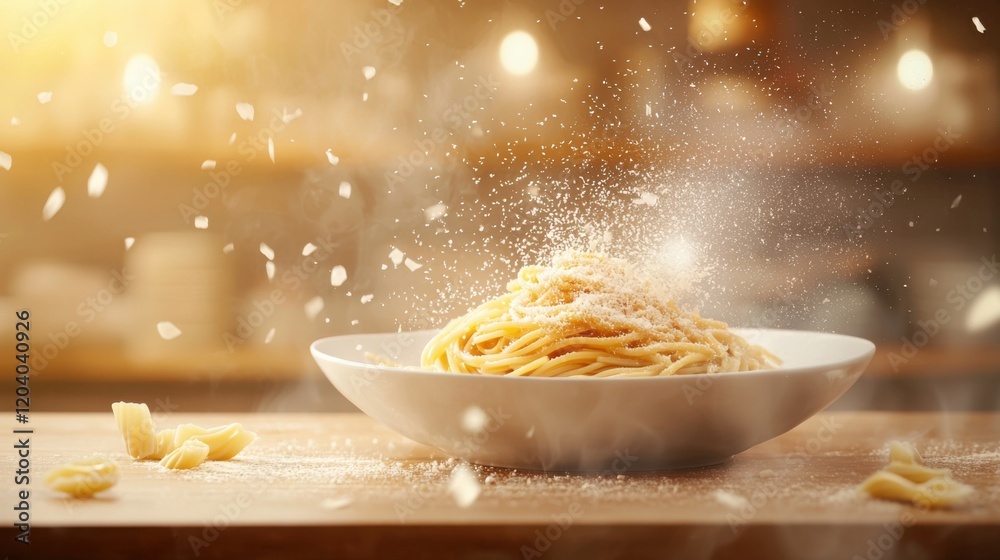 A beautifully presented plate of spaghetti, dusted with grated cheese, surrounded by a warm, inviting kitchen atmosphere. A beautifully presented plate of spaghetti, dusted with grated cheese, surrounded by a warm, inviting kitchen atmosphere.