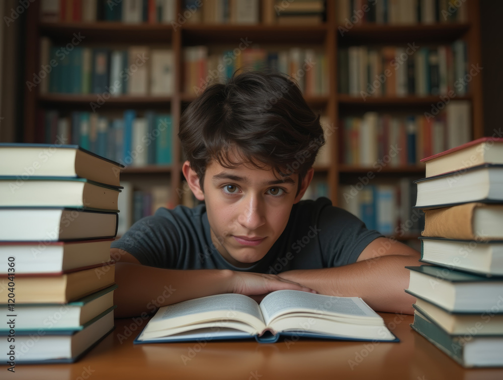 A focused student surrounded by stacks of textbooks, illustrating dedication to education and intense study in a scholarly environment A focused student surrounded by stacks of textbooks, illustrating dedication to education and intense study in a scholarly environment