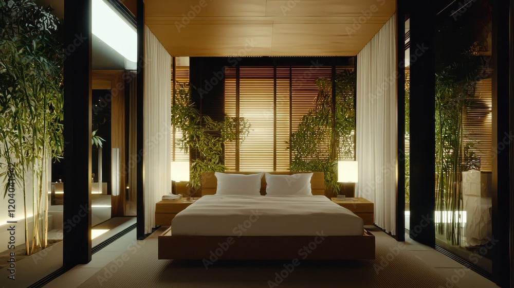 Fototapeta premium Modern Minimalist Bedroom Design with Natural Light and Greenery in Contemporary Style