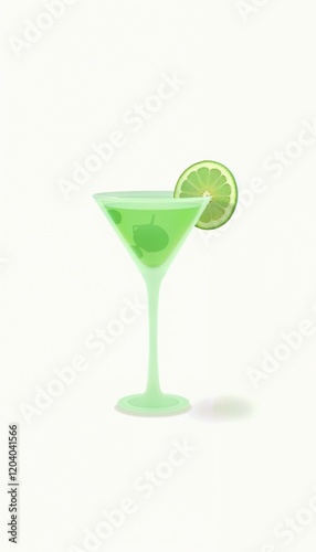 Green Glass with Lime Garnished Green Cocktail on White Background with Copy Space