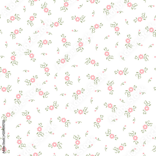 Cute small pink piony roses flower with green leaves seamless pattern of ditsy preppy style for girl and woman dress, fashion floral fabric print textile. Vector illustration