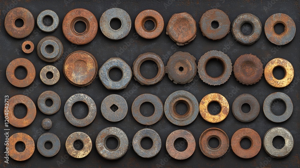 Diverse Collection of Rusty Washers and Metal Discs on Dark Background Diverse Collection of Rusty Washers and Metal Discs on Dark Background