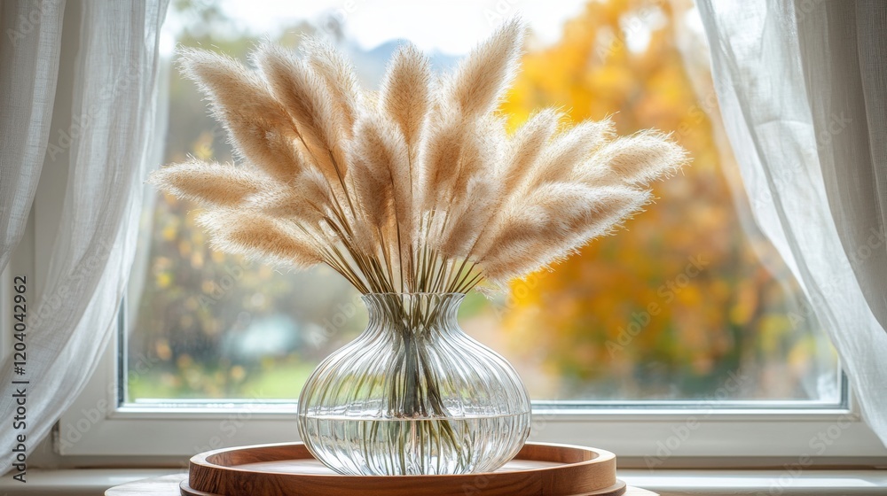 Soft Pampas Grass Arrangement in Glass Vase by a Sunlit Window Soft Pampas Grass Arrangement in Glass Vase by a Sunlit Window