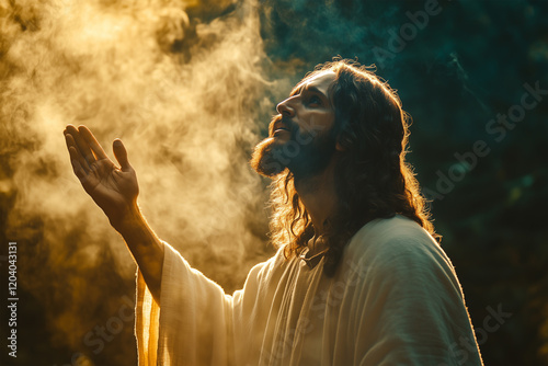 Jesus Christ raising His hands to heaven in prayer, calling sinners to repentance – Concept of salvation and divine grace	
