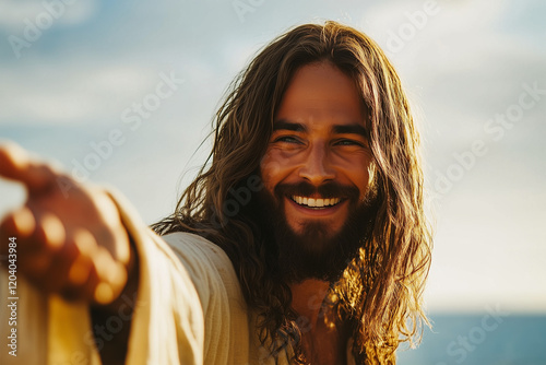 Jesus Christ smiling, raising His hands to heaven in prayer, calling sinners to repentance – Concept of salvation and divine grace