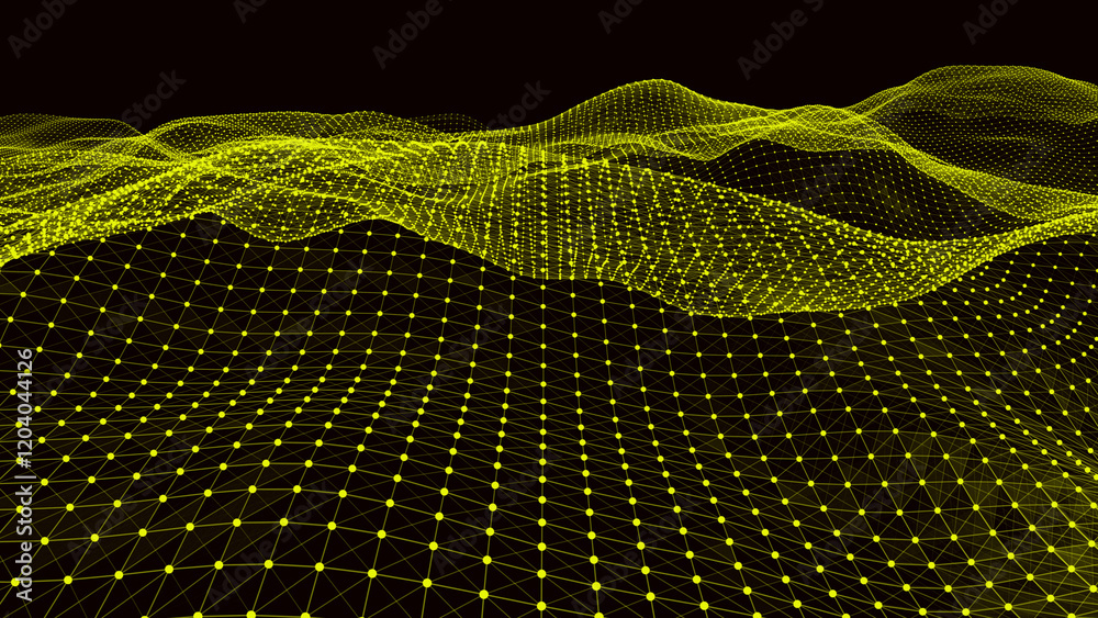 Obraz premium Abstract yellow wireframe mesh on black background, resembling a digital landscape with geometric design