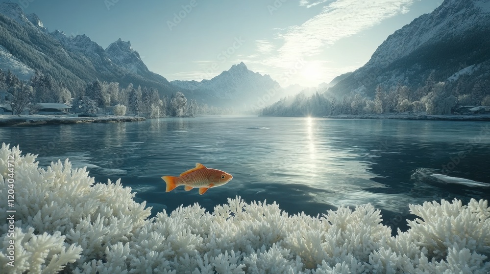 Serene Winter Landscape with Golden Fish in Frosted Lake Waters Serene Winter Landscape with Golden Fish in Frosted Lake Waters