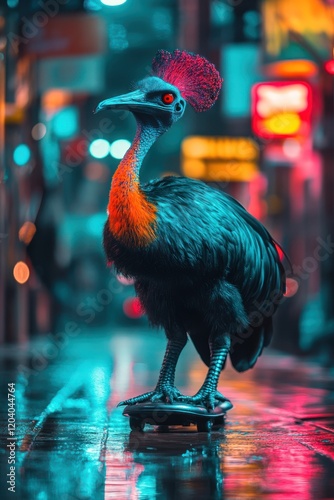 Vibrant bird on skateboard in a city at night. photo