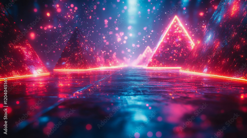Futuristic neon pyramids with glowing red and blue lights in a vibrant sci-fi setting, evoking a sense of modern technology and abstract art Futuristic neon pyramids with glowing red and blue lights in a vibrant sci-fi setting, evoking a sense of modern technology and abstract art