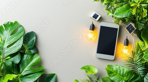 Sustainable Energy Eco Friendly Lifestyle Green Technology Phone Bulbs Plants photo