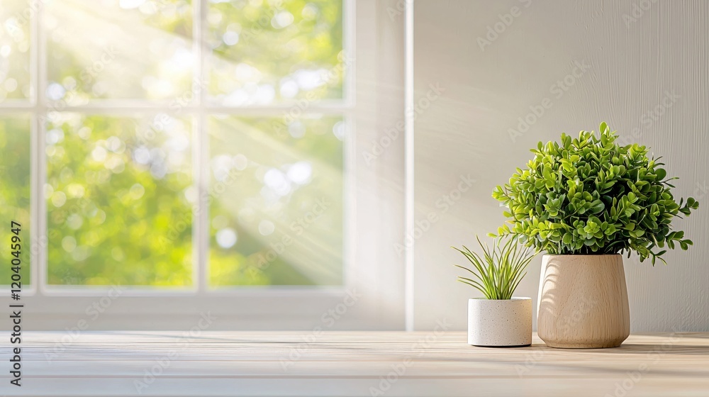 Fototapeta premium Sunny Windowsill Plants Wooden Pot Natural Light Green Greenery Home Decor