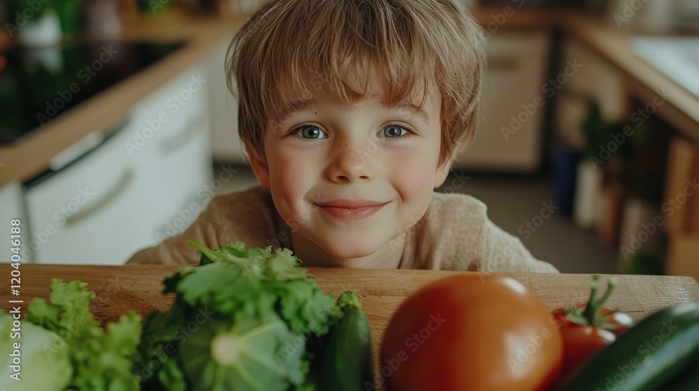 Happy children with vegetables in kitchen Happy children with vegetables in kitchen