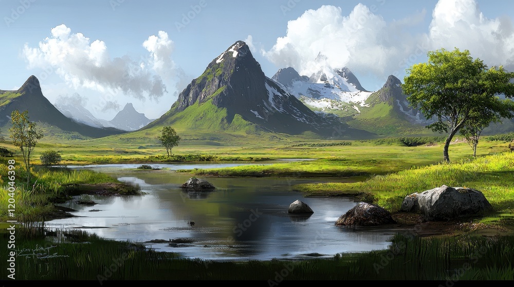Serene Mountain Landscape with Reflective Water Body and Lush Greenery under Blue Sky and Fluffy Clouds Serene Mountain Landscape with Reflective Water Body and Lush Greenery under Blue Sky and Fluffy Clouds