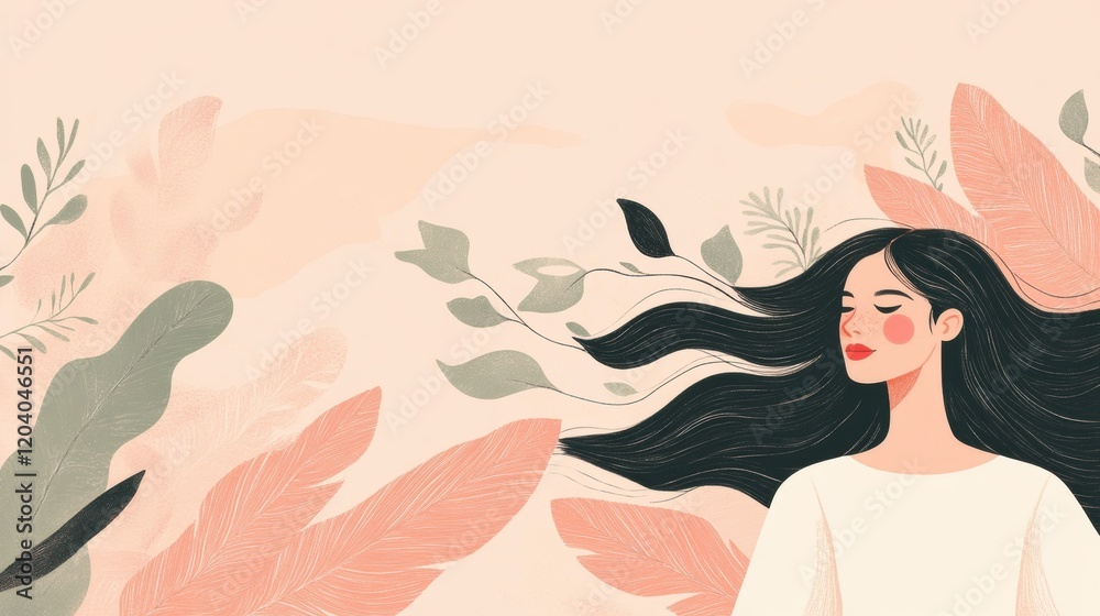 Serene Woman with Flowing Hair Surrounded by Nature Elements Serene Woman with Flowing Hair Surrounded by Nature Elements