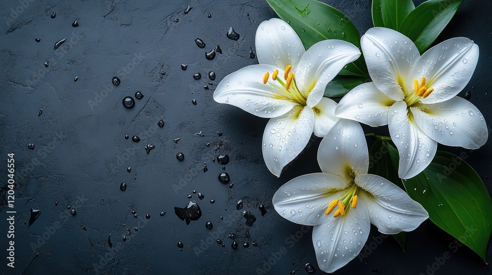Elegant white lilies with water droplets on a dark stone surface, showcasing natural beauty and freshness Elegant white lilies with water droplets on a dark stone surface, showcasing natural beauty and freshness