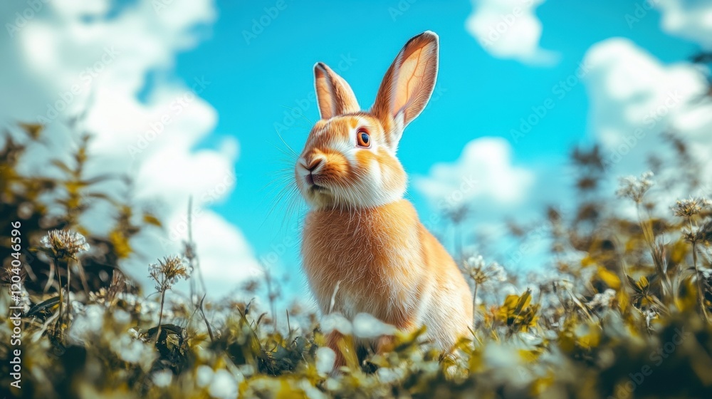 Curious Rabbit in a Vibrant Meadow Under Bright Blue Sky Curious Rabbit in a Vibrant Meadow Under Bright Blue Sky