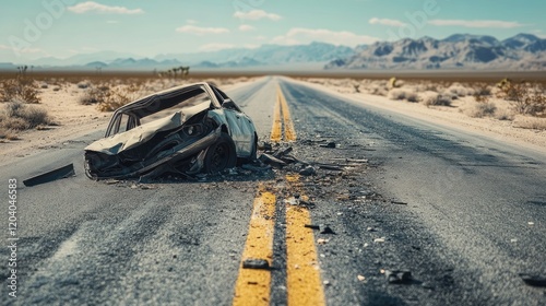 Car crashes on an empty desert road photo