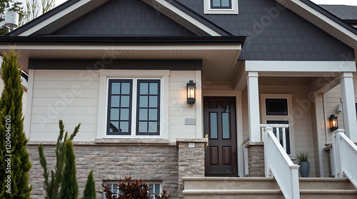 Modern House Exterior  Stunning Brick and Stone Facade Design. This contemporary home boasts a beautiful blend of materials and a welcoming entrance  perfect for modern living.