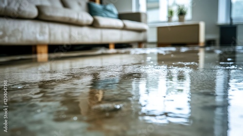 Water Damage in Living Room with Wet Floor and Furniture Details
