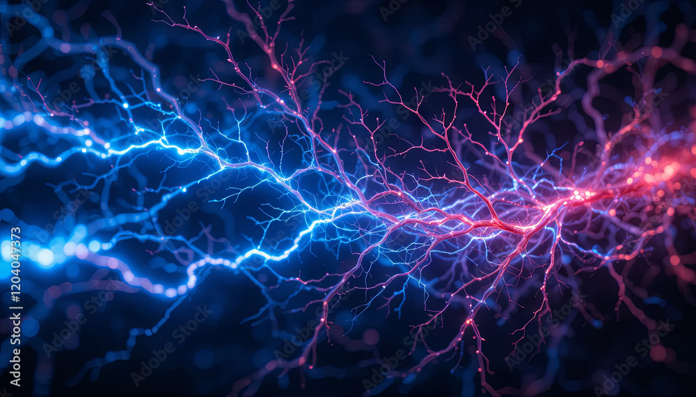 Dynamic blue and red patterns intertwine, portraying the movement of electricity through a dark background. The vivid contrasts emphasize the beauty of energy in motion Dynamic blue and red patterns intertwine, portraying the movement of electricity through a dark background. The vivid contrasts emphasize the beauty of energy in motion